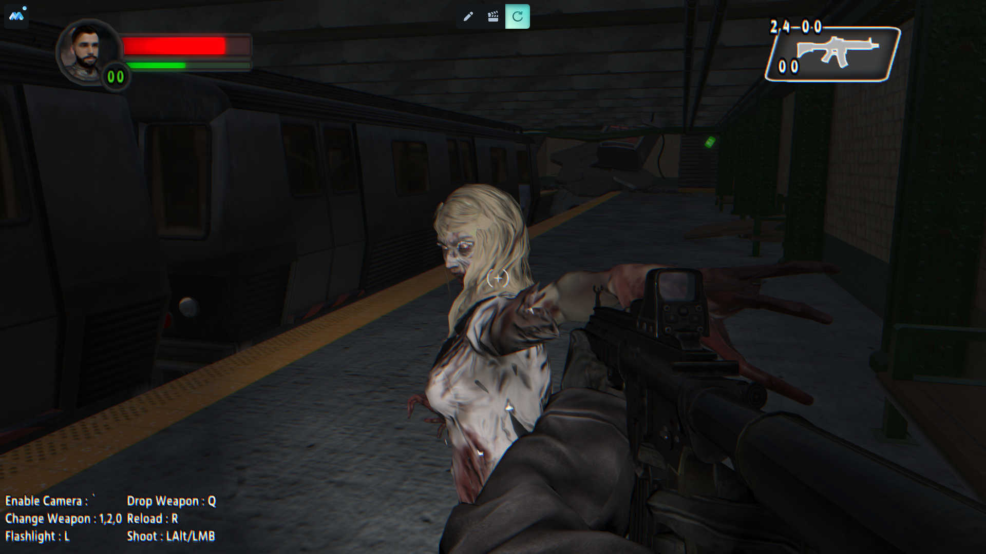 Zombie attacking player in a dark subway station